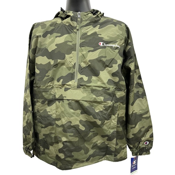 NWT Men’s Sz L Hooded Champion Packable Stadium Jacket. Green Camo. Zip Pocket - Picture 1 of 9